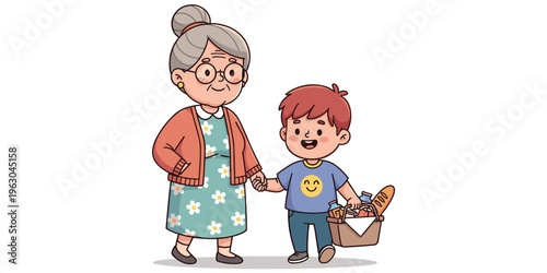 Elderly woman walking with child, family bonding moment, grocery basket shopping scene, intergenerational relationship, everyday lifestyle artwork, flat vector illustration
