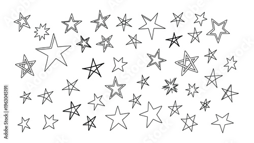 A collection of hand drawn stars in various sizes and orientations on a white background