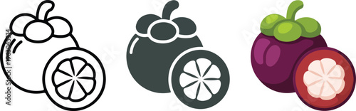 Set of tropical mangosteen fruit icons in minimalist outline silhouette and colorful flat vector styles for organic design.