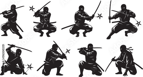 Ninja Silhouette Collection – Japanese Shinobi Warrior Poses with Katana Sword and Shuriken Stars for Action and Martial Arts Design