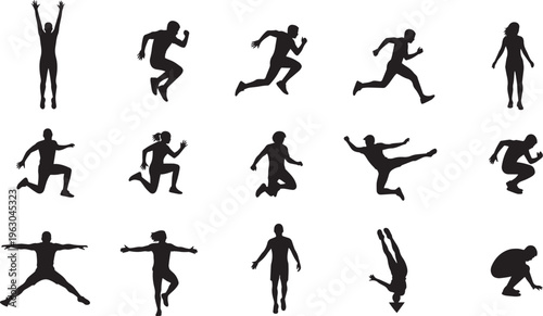 Dynamic Sports Silhouette Set – Athletes Running, Jumping, Performing Parkour and Fitness Exercises, Urban Acrobatics and Action Poses