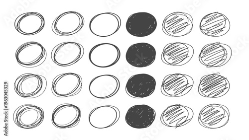 A black and white image of 25 ovals arranged in a grid pattern with varying line styles and shading