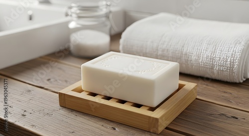A natural white bar of soap rests on a wooden dish beside a folded white towel in a bright bathroom setting.