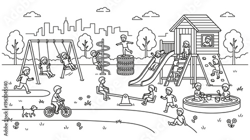 Children playing in modern city park playground.