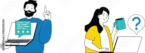 Man pointing at laptop screen with ratings while woman with coffee cup looks confused and curious