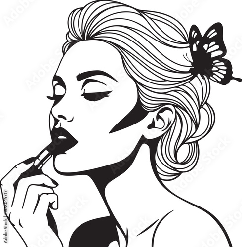 retro lady with lipstik beauty cosmetics cartoon vector illustration