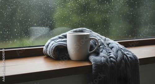 A white ceramic mug rests on a wooden windowsill next to a thick, knitted gray scarf while rain streaks down the exterior window pane.