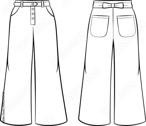 Women wide leg pants vector template front and back view high waist casual clothing flat design fashion illustration set
