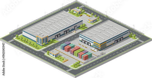 Isometric Industrial Warehouse Complex Logistics Center with Shipping Containers