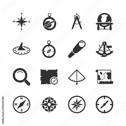 Photos Navigation instruments and positioning tools, monochrome icons set