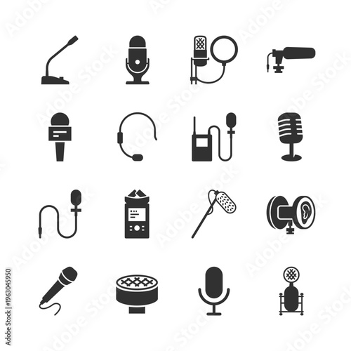 Microphones and audio recording equipment, monochrome icons set. Studio and podcast microphones, vocal recording, broadcasting and sound production. Black and white symbols style
