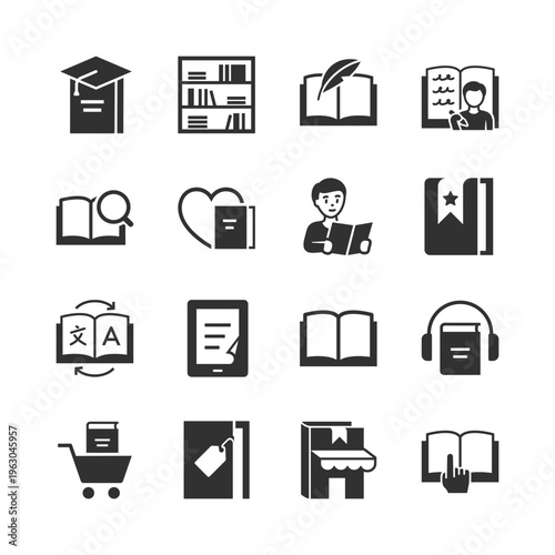 Books and reading activity, monochrome icons set. Book reading and writing, literature, knowledge learning, ebook and audiobook, publishing and authorship. Black and white symbols style
