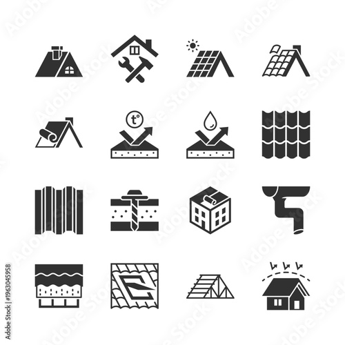 Roofing and roof construction, monochrome icons set. Roof types and materials, installation and repair, insulation and waterproofing, residential roofing systems. Black and white symbols style