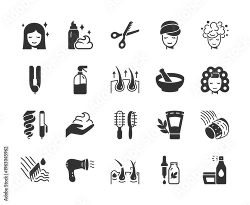 Hair care and styling, monochrome icons set. Hair washing and treatment, shampoo and conditioner, haircut and styling tools, salon services, scalp care and beauty routine. Black and white symbols