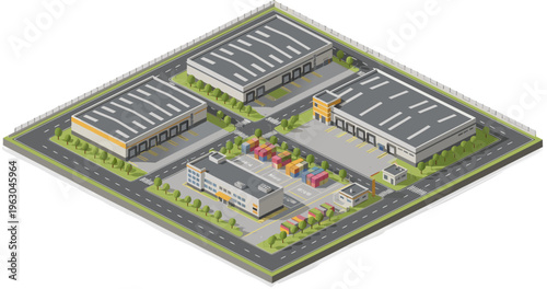 Logistics park isometric illustration depicting modern warehouse facilities and global shipping containers