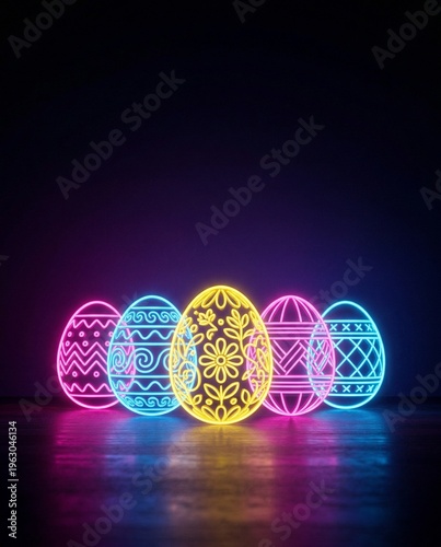 Neon Easter eggs with colorful designs glowing against dark background  