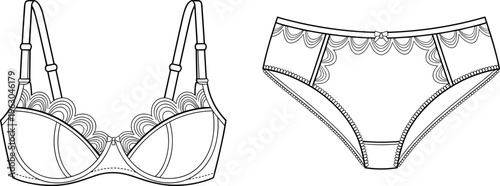 Lingerie set vector template with bra and panties front view lace detail underwear fashion flat design illustration collection