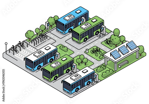 Electric buses are parked at a modern solar powered station surrounded by trees and greenery in a clean urban environment with people nearby.