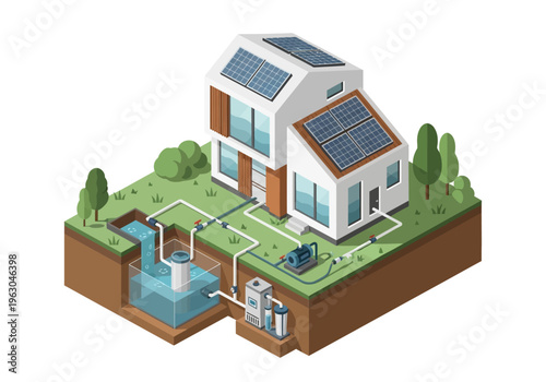A house with solar panels on its roof is shown in cross-section with a rainwater harvesting system in the backyard and greywater reuse system.