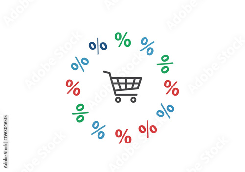 Shopping cart icon encircled by colorful percentage symbols