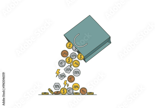 Shopping bag spilling coins and discount tokens onto a surface