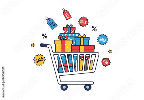 Shopping cart overflowing with colorful gift boxes surrounded by sale tags