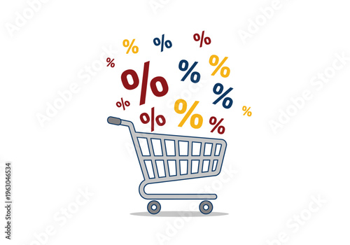 Shopping cart overflowing with multicolored percentage symbols