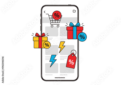 Smartphone screen displaying shopping icons carts gifts tags and lightning bolts