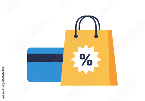 Yellow shopping bag with discount symbol next to a blue credit card