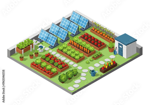 A 3D illustration of a vibrant community garden with solar panels and various plants and a shed in a green area.