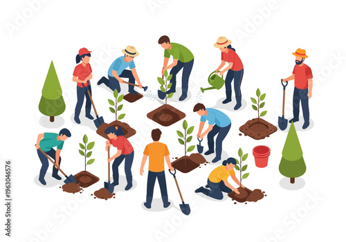 People are planting trees and shrubs in a community garden outdoors.