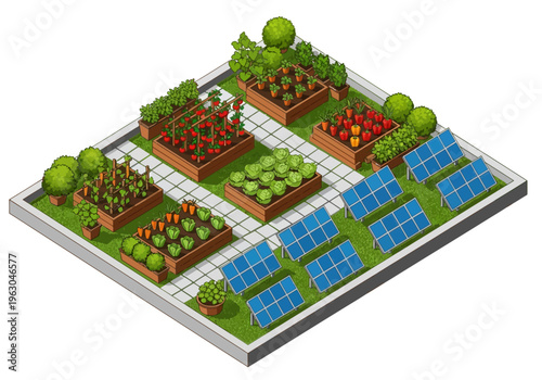 An aerial view of a rooftop garden with solar panels and various plants growing in planters on a sunny day with greenery surrounding the area.