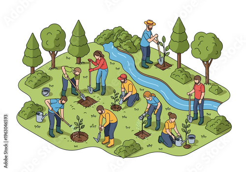People planting trees and working together in a natural landscape with a stream