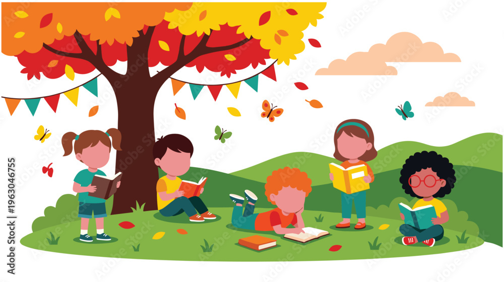 Obraz premium Children reading books under autumn tree in park with falling leaves.