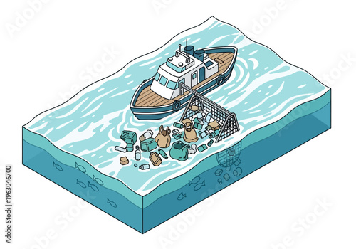 A boat collects plastic waste and debris in the ocean with a net.