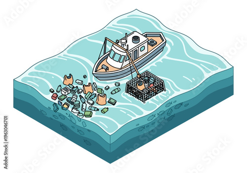 A boat collects plastic pollution in the ocean with a net.