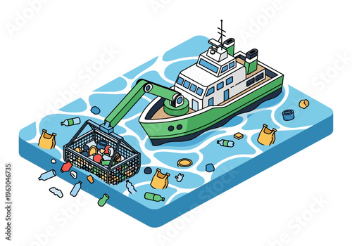 A green boat collects plastic waste with a crane in the ocean.