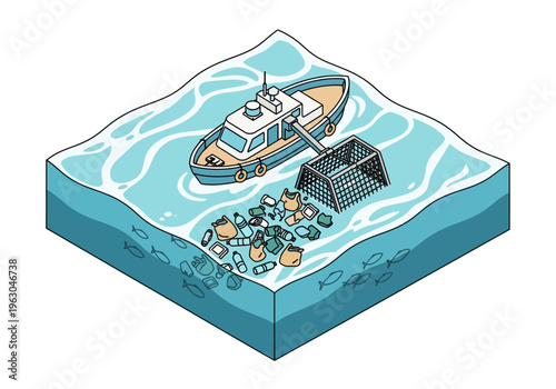 A boat collects plastic pollution in the ocean with a net.