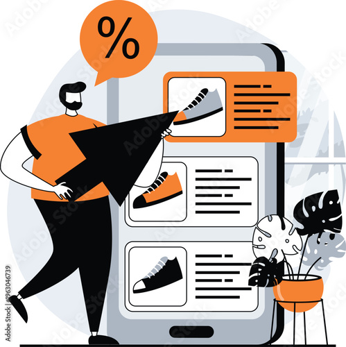 A person browsing shoes online while considering discounts and deals on a mobile device with a speech bubble showing percentage sign