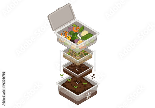 An illustration of a cutaway view showing four stacked boxes filled with soil and plants, transitioning from seeds to a lush garden.