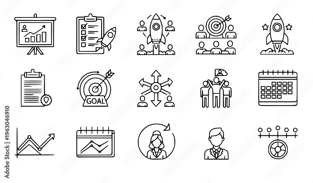 Fototapeta premium Startup and Project Workflow Outline Icons Editable Stroke Vector Collection