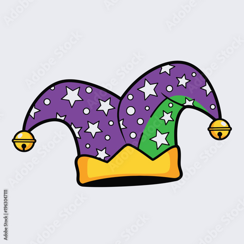 Jester hat with purple fabric stars and polka dots and jingle bells.