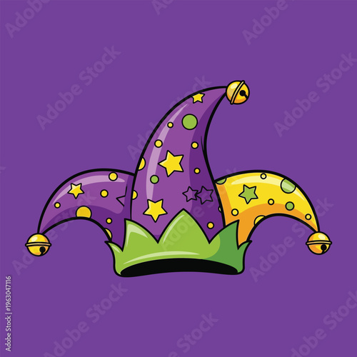 Mardi gras jester hat with purple yellow green colors stars and polka dots.