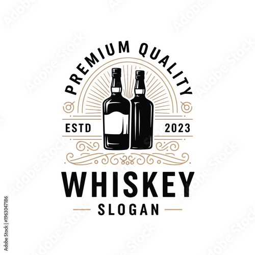 Vector illustration of a premium quality distilled beverage bottle emblem design