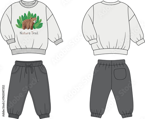 Kids fashion technical flat sketch casual sweatshirt and jogger pants set with bear nature trail print, front and back view vector illustration template