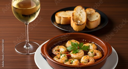 Garlic shrimp tapas served in a terracotta dish pairs perfectly with a glass of crisp white wine and toasted bread.