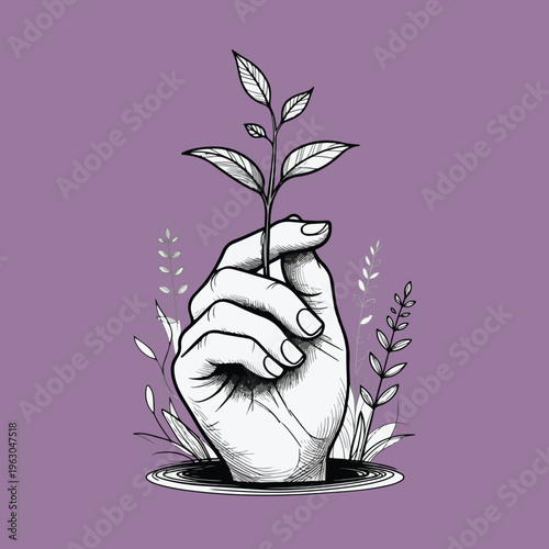 Single line art vector illustration of a person's hand holding a seedling.eps