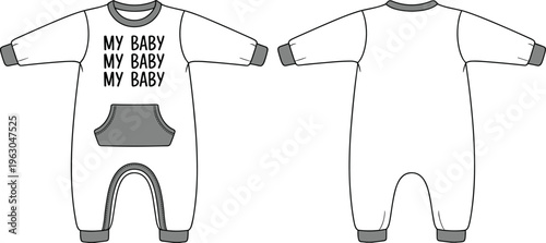Baby romper fashion flat sketch with long sleeves, front pocket, bold text print design, technical clothing template for infant apparel illustration