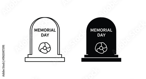 Memorial Day icons, tombstone symbols, patriotic graphics, memorial markers isolated on White Background