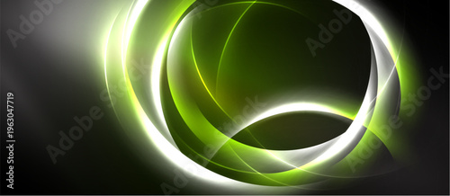 Abstract design features glowing circular layers. Green, white, gray hues blend into dark background. Modern, dynamic composition.